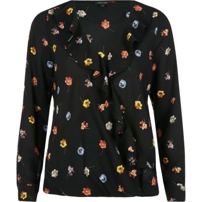 Black floral frill long sleeve top